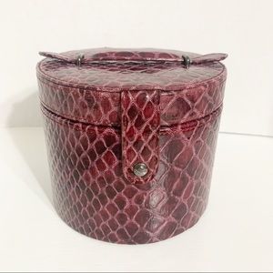 Carpisa Faux Leather Alligator Emboss Travel Round Jewelry Case Mirror Fuzz Line